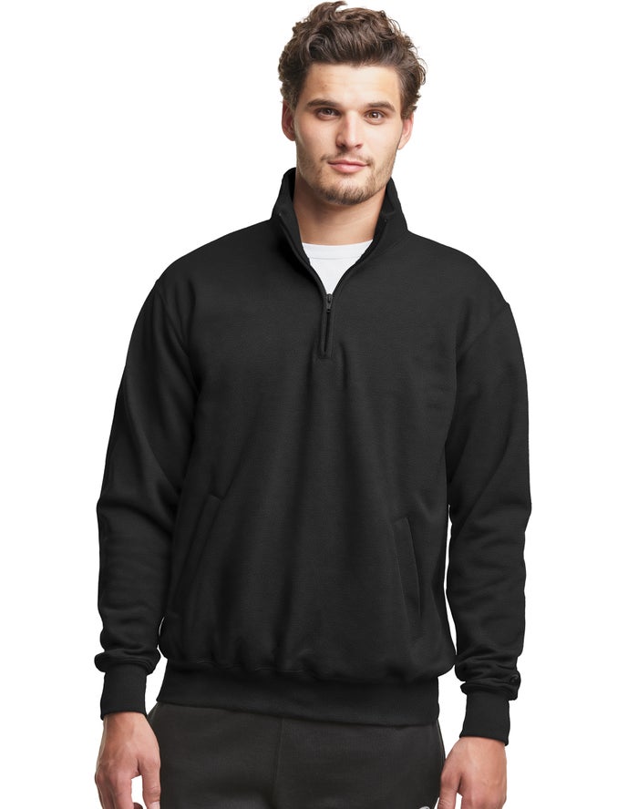 Champion Mens Sweatshirt NZ - Powerblend Fleece 1/4 Zip With Pockets Black ( 4978-YWOQA )